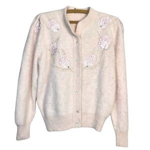 VTG ANGORA Cardigan SO SOFT Girl Blush Pink Embellished Satin Rose Pearl Sweater